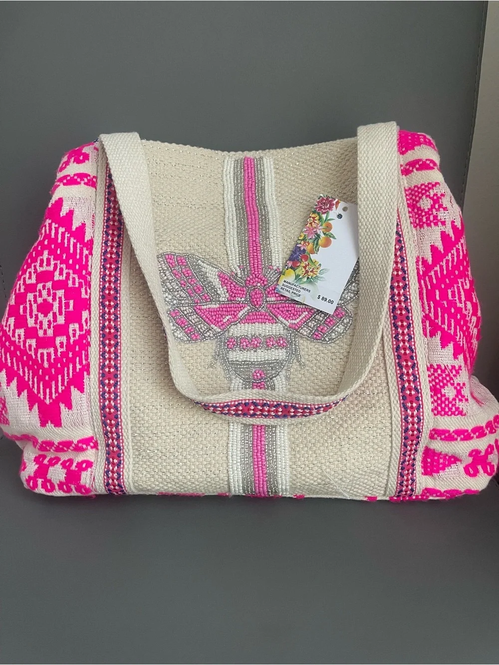Express Edit Medium Pink Beaded Bee Woven Tote Bag